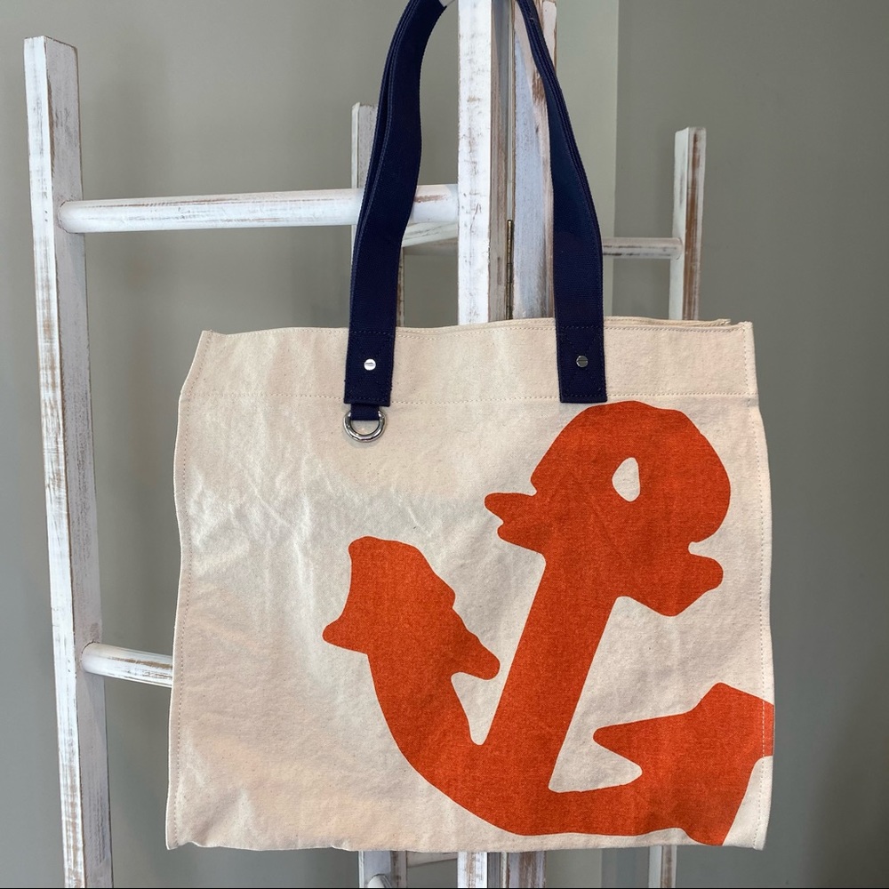 Lands' End Cream Canvas Tote with Orange Anchor and Navy Straps